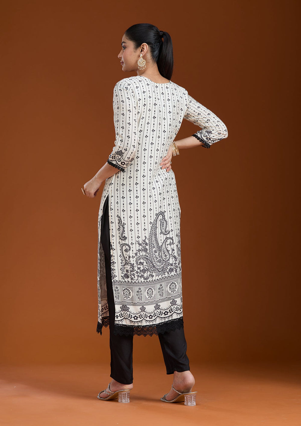 Off White Printed Crepe Readymade Salwar Suit_koskii