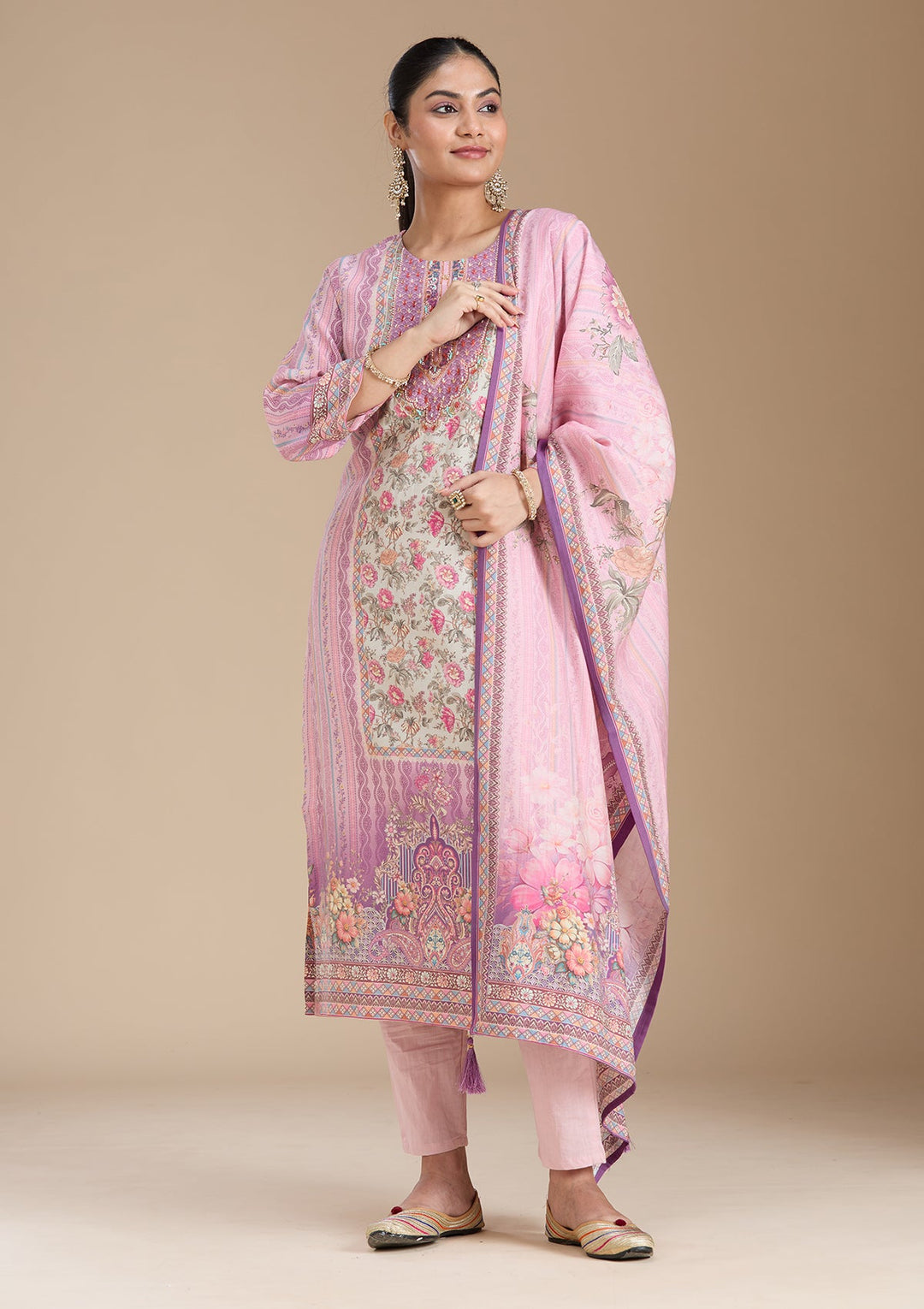 Lavender Printed Crepe Readymade Salwar Suit_koskii
