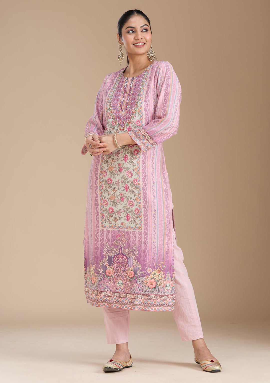 Lavender Printed Crepe Readymade Salwar Suit_koskii