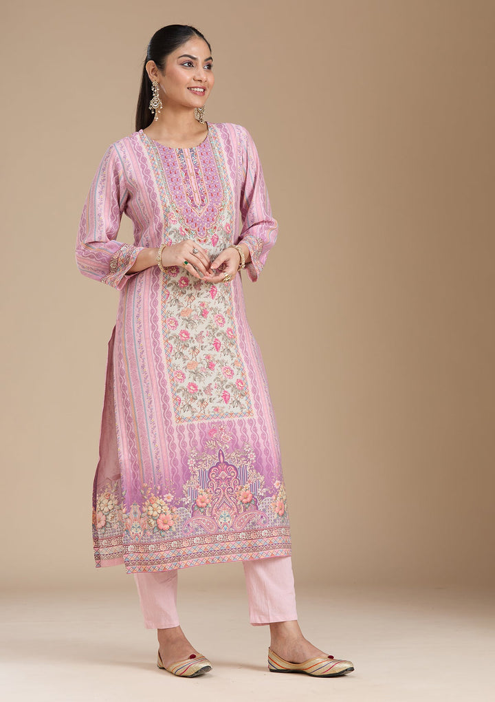 Lavender Printed Crepe Readymade Salwar Suit_koskii
