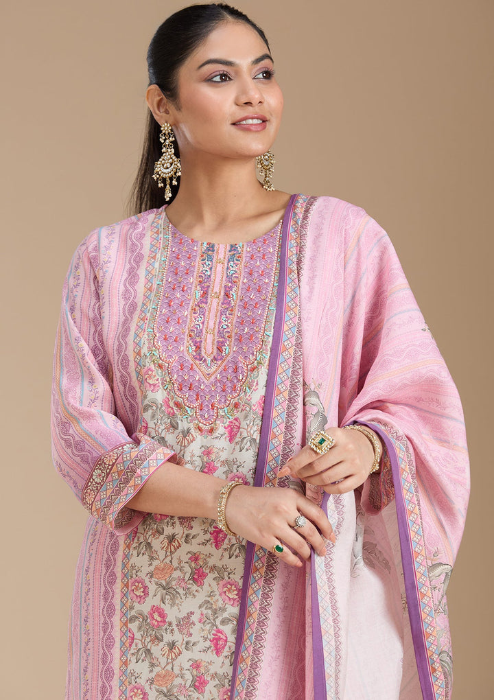 Lavender Printed Crepe Readymade Salwar Suit_koskii