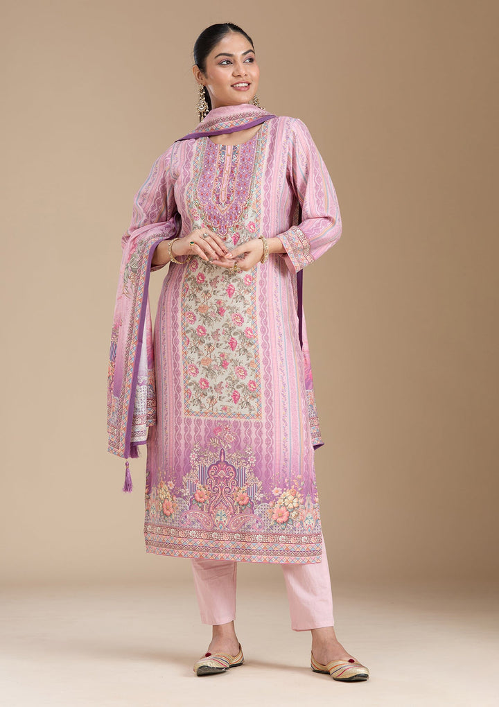 Lavender Printed Crepe Readymade Salwar Suit_koskii
