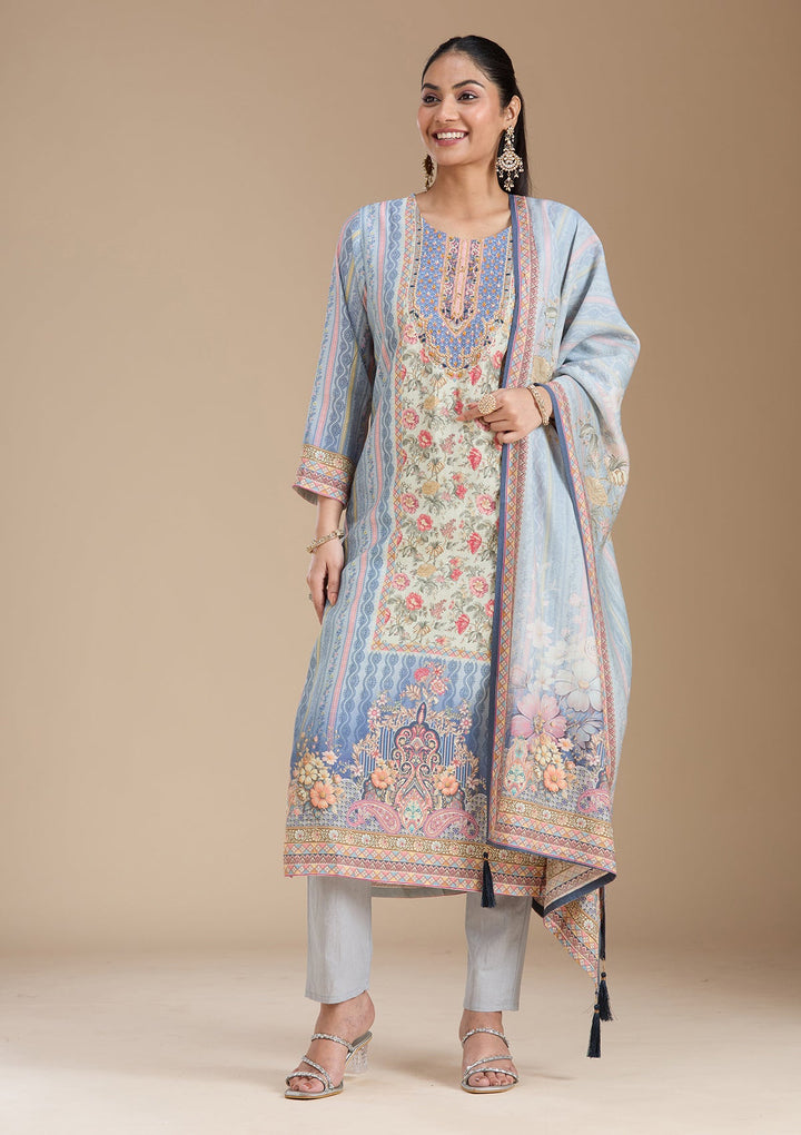 Sky Blue Printed Crepe Readymade Salwar Suit_koskii