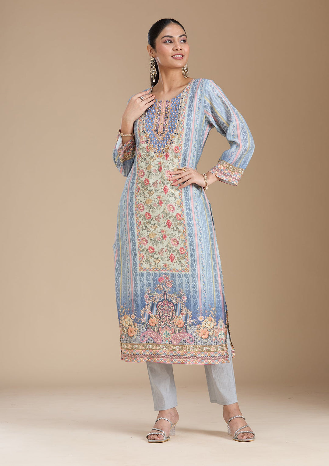 Sky Blue Printed Crepe Readymade Salwar Suit_koskii