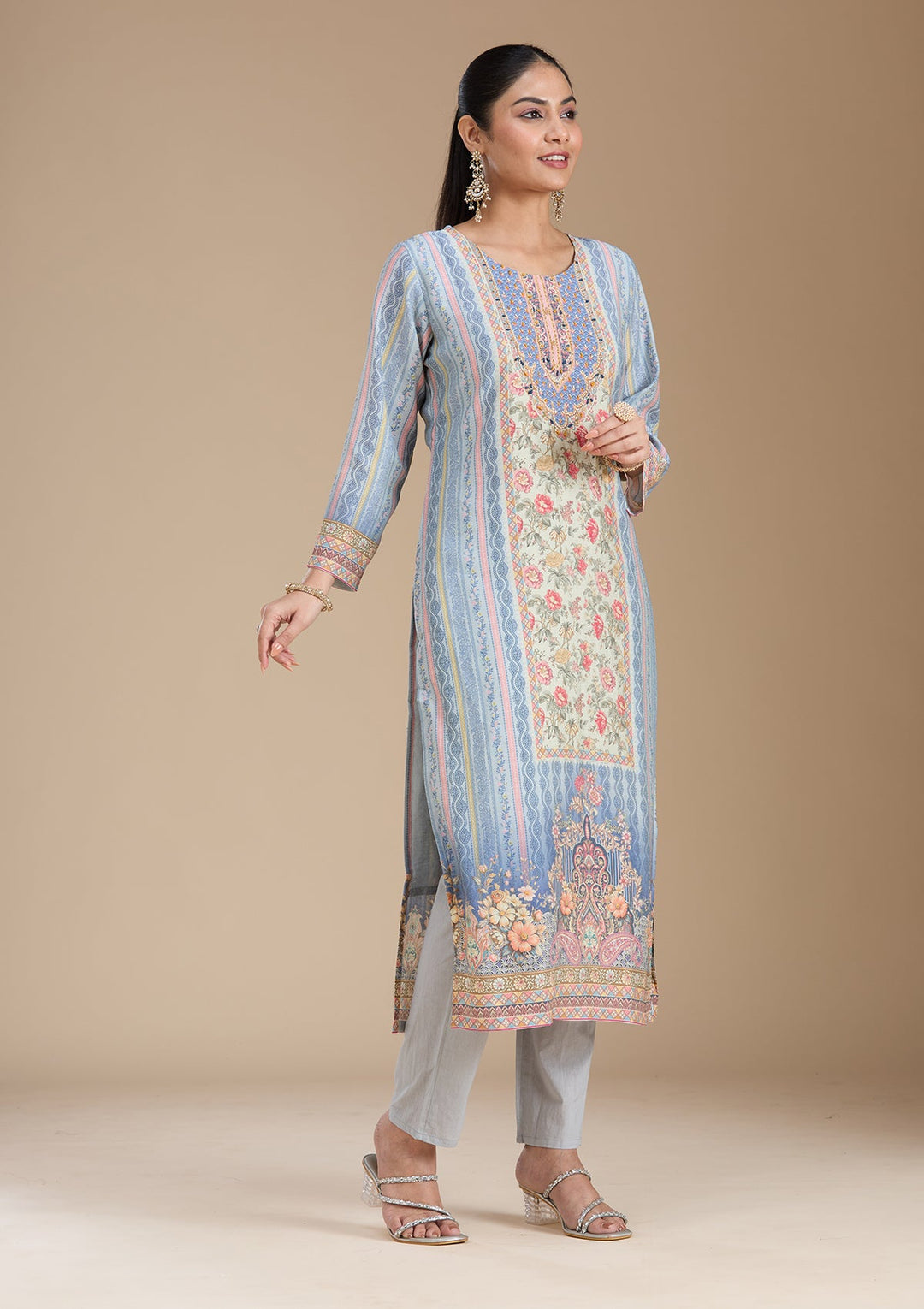 Sky Blue Printed Crepe Readymade Salwar Suit_koskii
