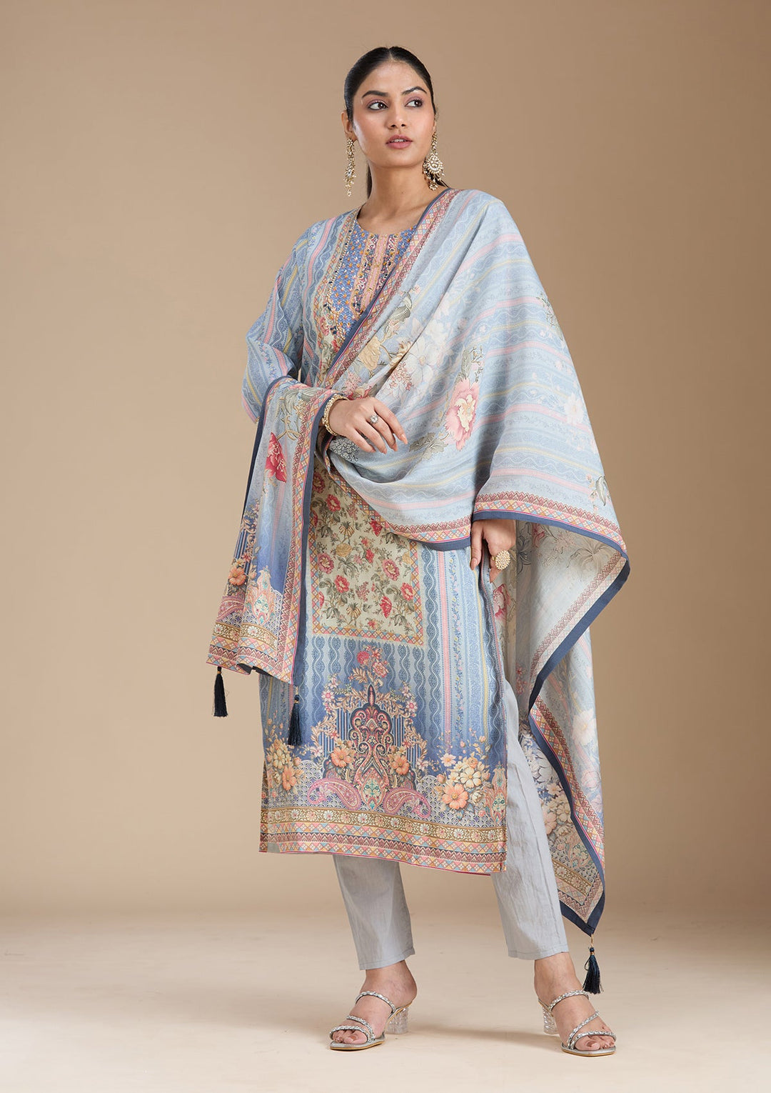 Sky Blue Printed Crepe Readymade Salwar Suit_koskii