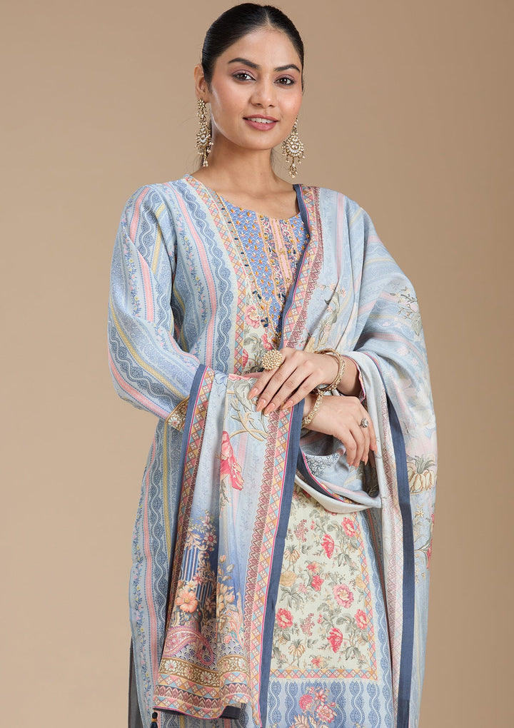 Sky Blue Printed Crepe Readymade Salwar Suit_koskii