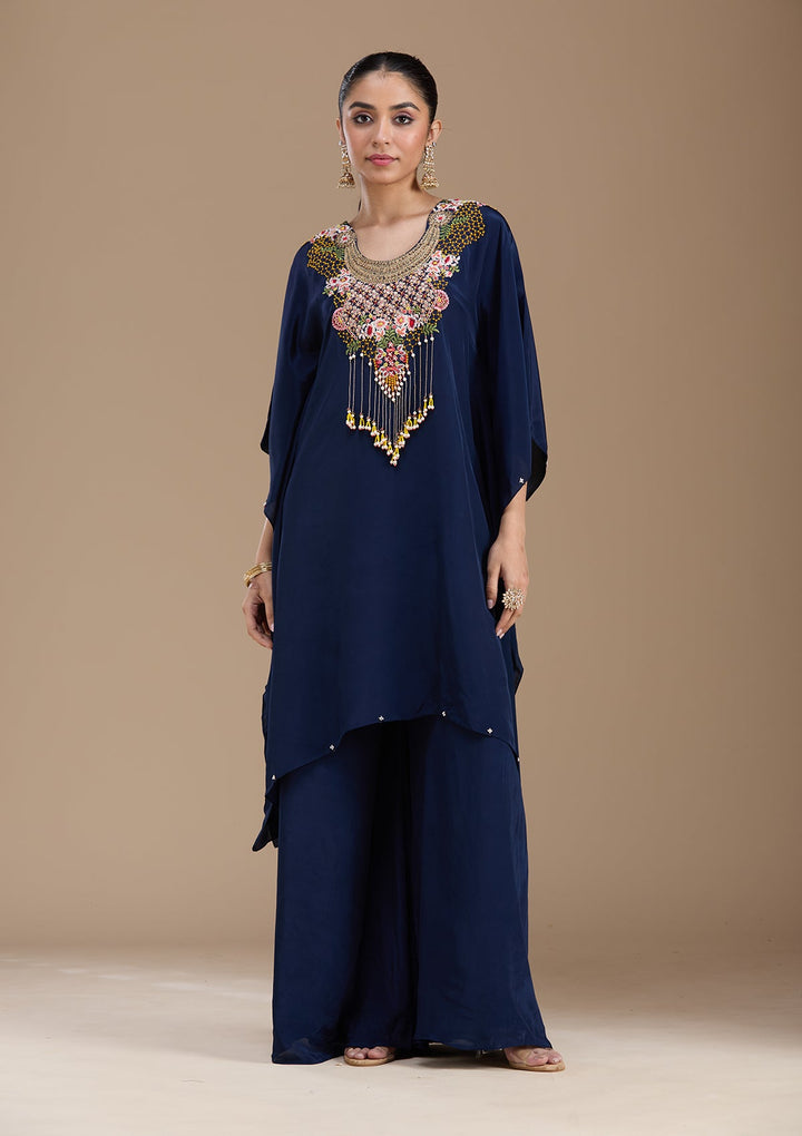 Navy Blue Threadwork Art Silk Readymade Salwar Suit-koskii