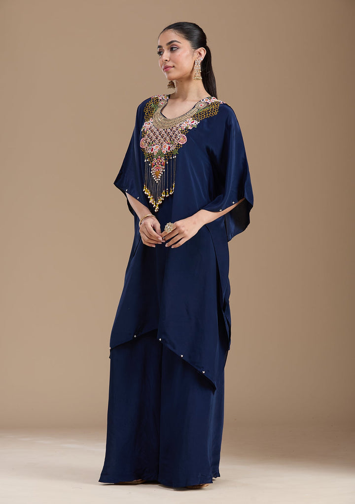 Navy Blue Threadwork Art Silk Readymade Salwar Suit-koskii
