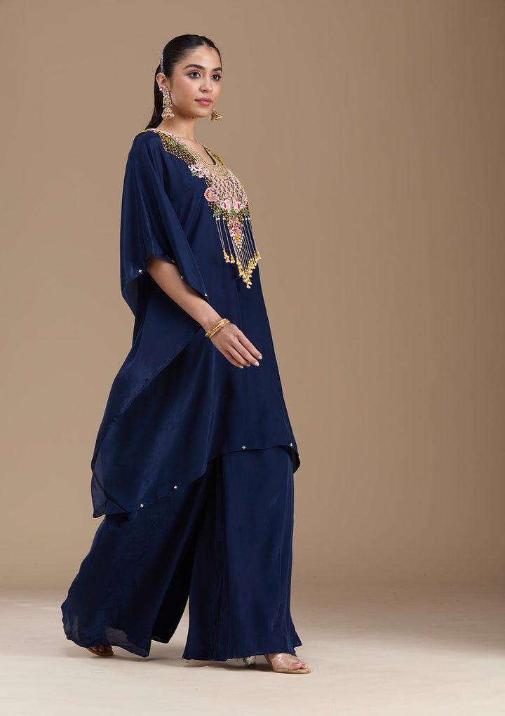 Navy Blue Threadwork Art Silk Readymade Salwar Suit-koskii