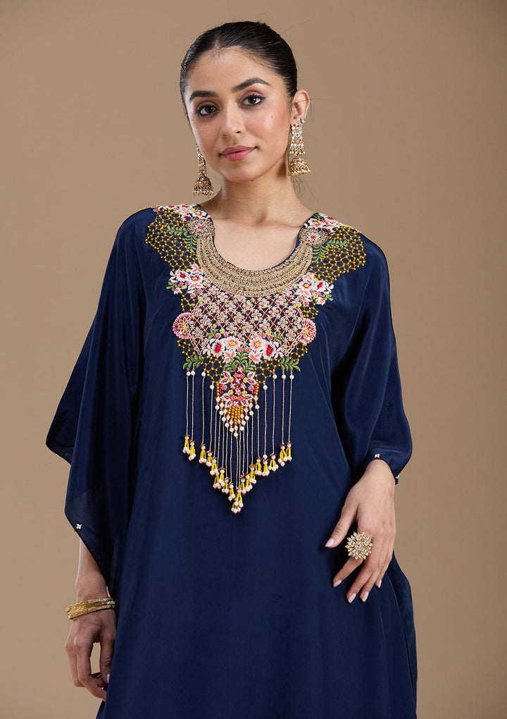 Navy Blue Threadwork Art Silk Readymade Salwar Suit-koskii