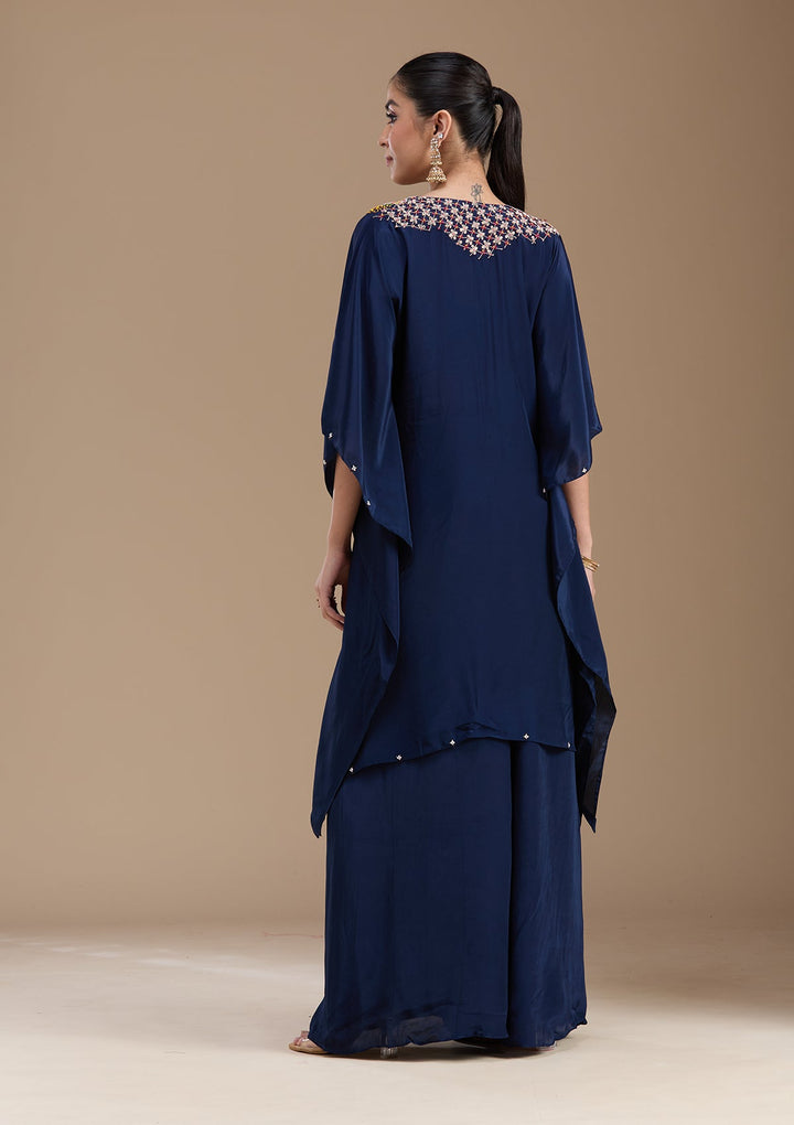 Navy Blue Threadwork Art Silk Readymade Salwar Suit-koskii