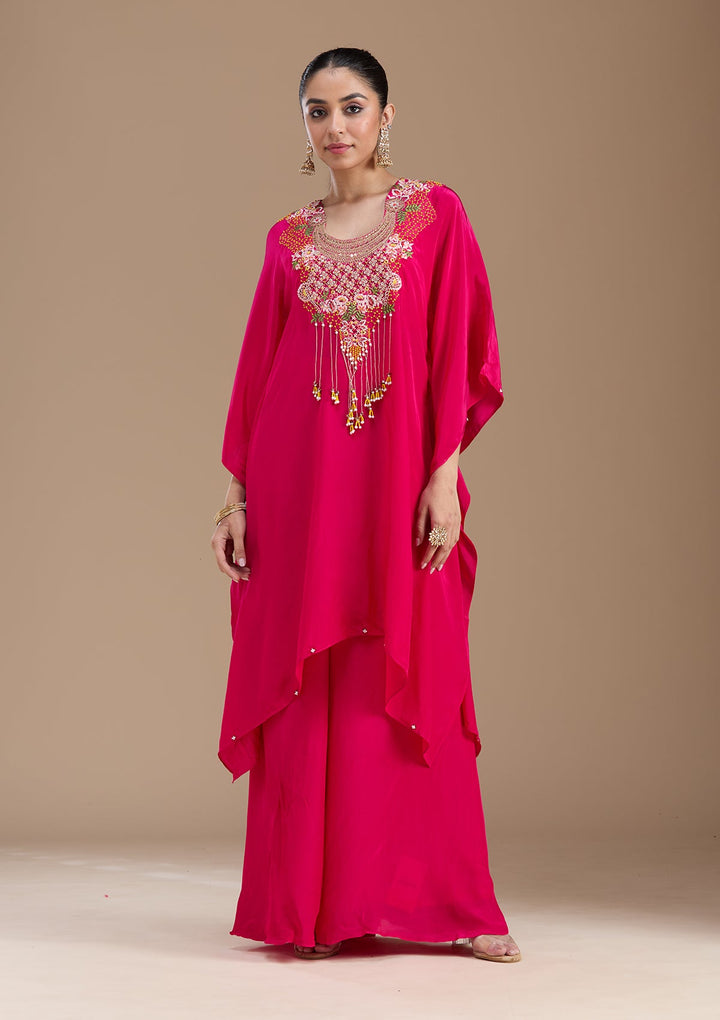 Rani Pink Threadwork Art Silk Readymade Salwar Suit-koskii