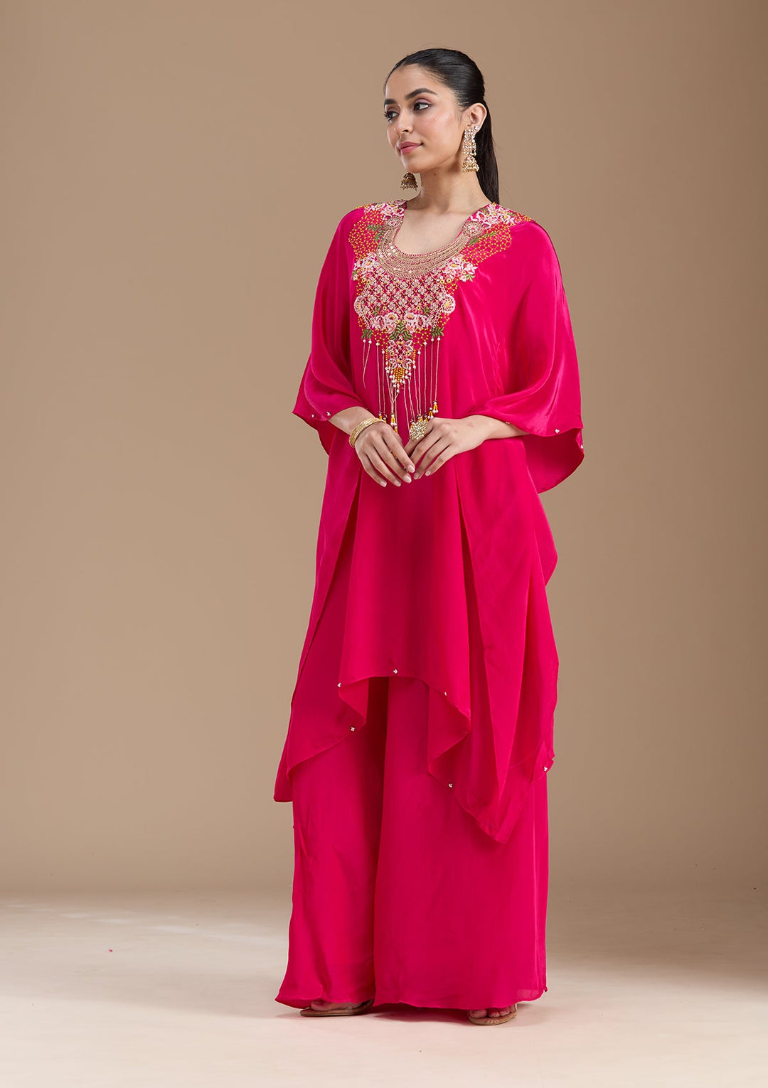 Rani Pink Threadwork Art Silk Readymade Salwar Suit