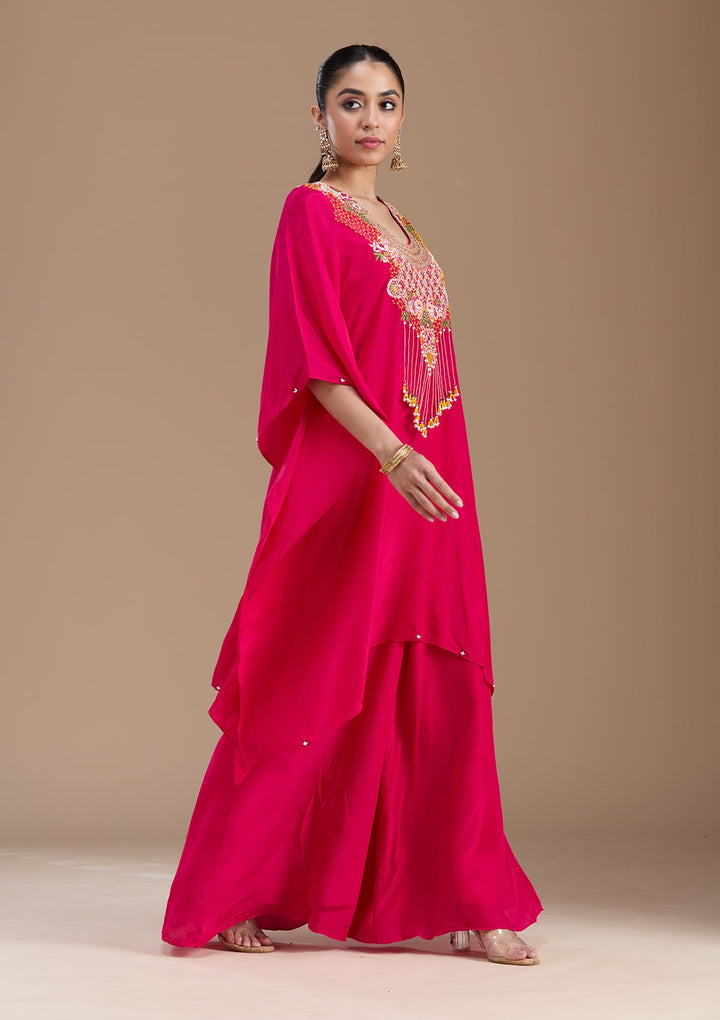 Rani Pink Threadwork Art Silk Readymade Salwar Suit-koskii