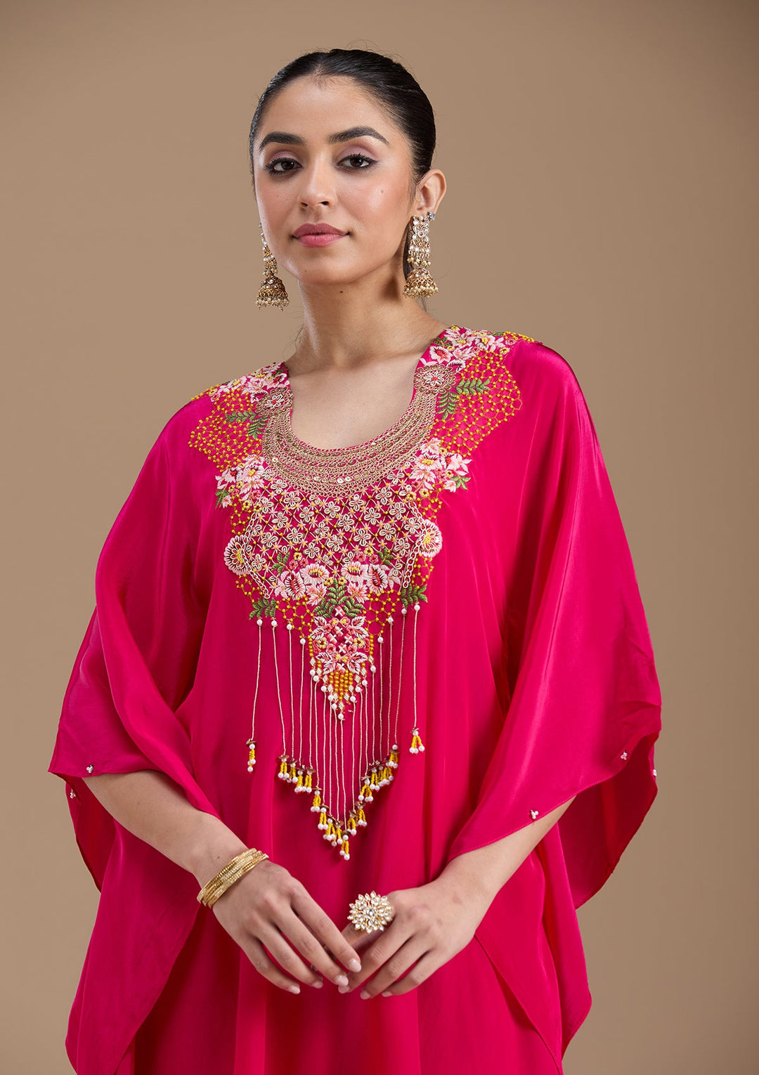 Rani Pink Threadwork Art Silk Readymade Salwar Suit-koskii