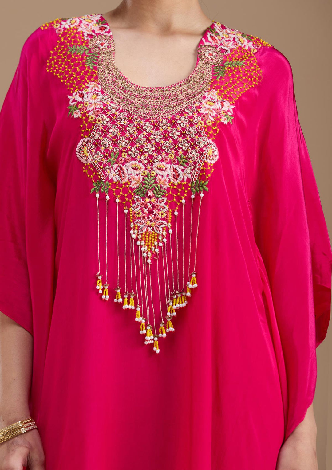 Rani Pink Threadwork Art Silk Readymade Salwar Suit-koskii