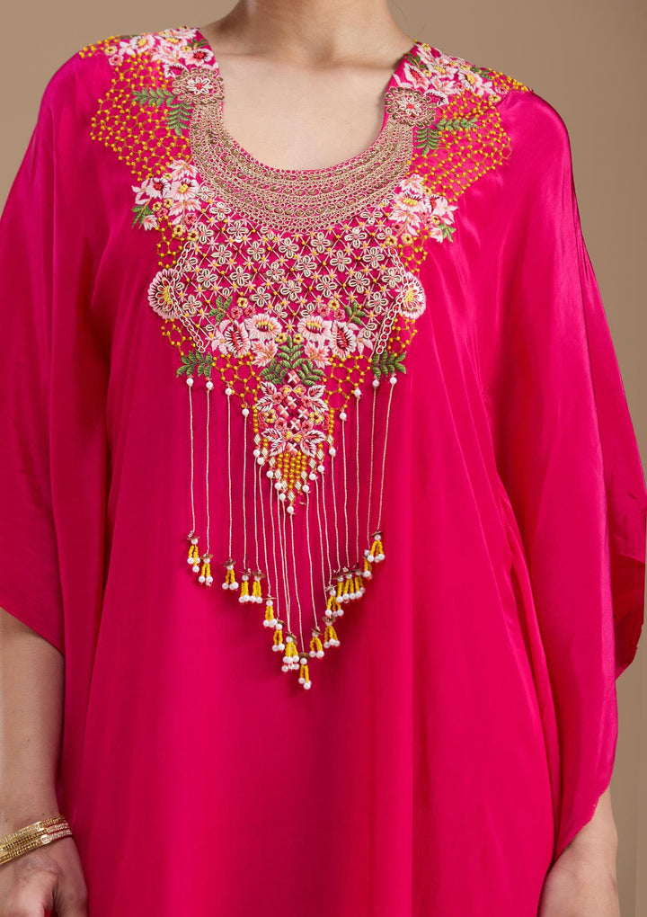 Rani Pink Threadwork Art Silk Readymade Salwar Suit-koskii