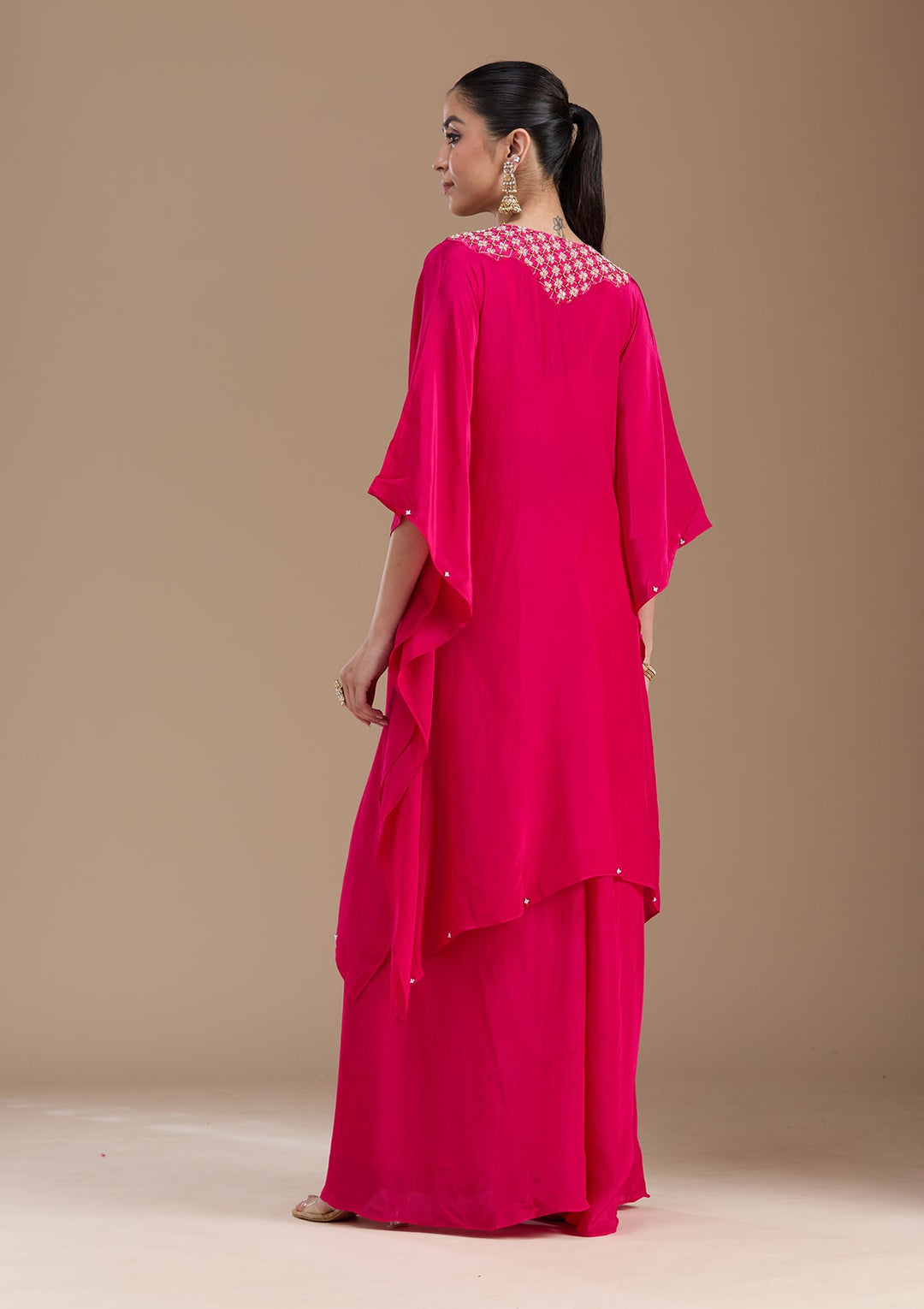 Rani Pink Threadwork Art Silk Readymade Salwar Suit-koskii