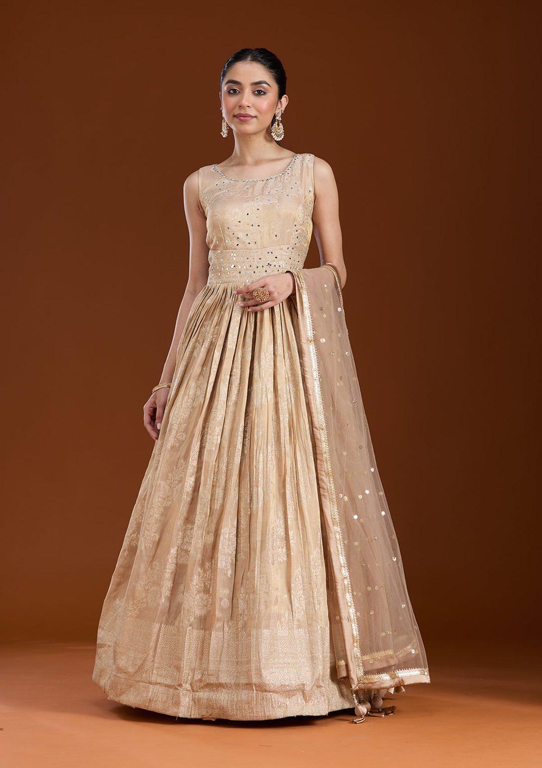Beige Mirrorwork Tissue Readymade Salwar Suit-koskii