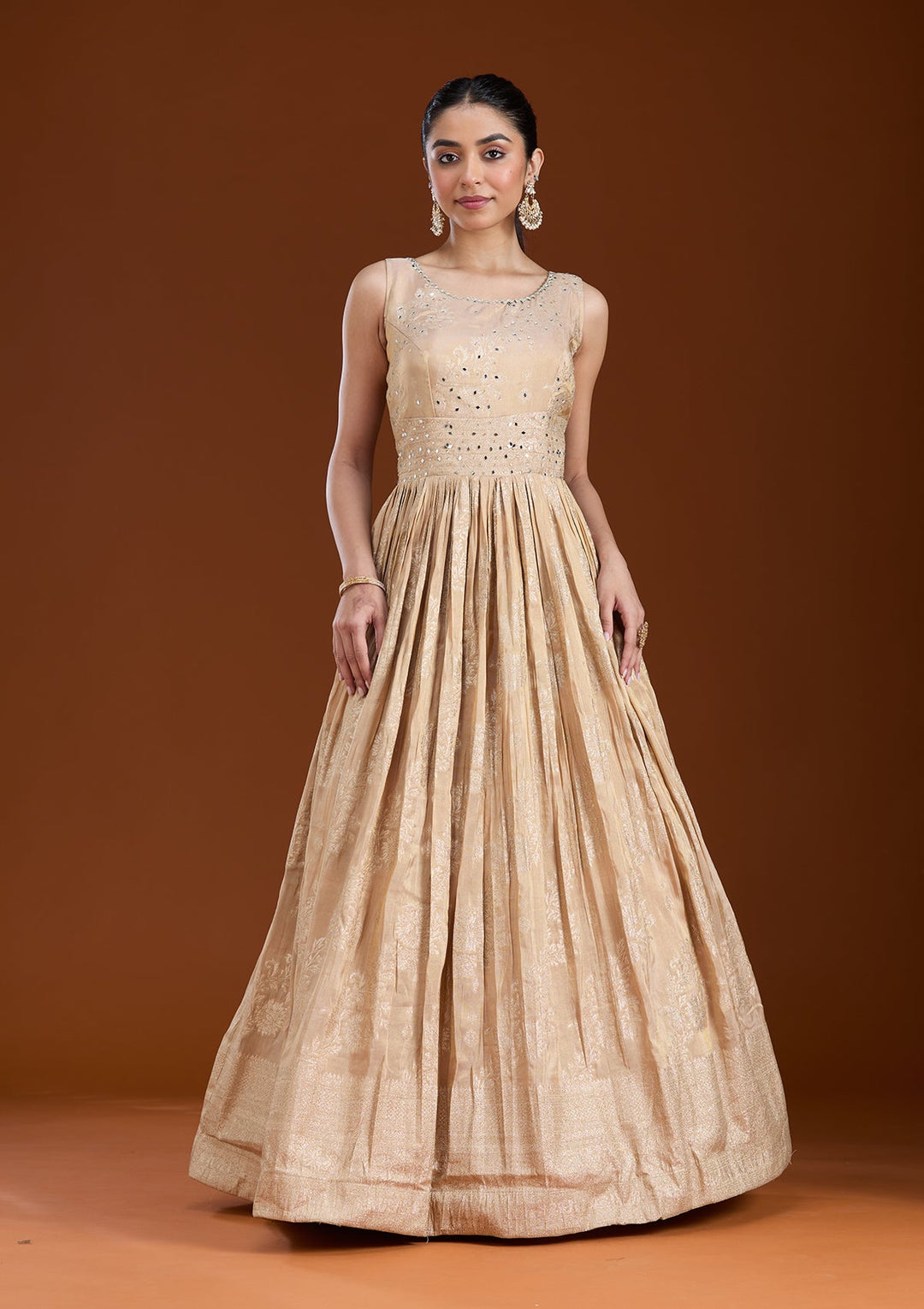 Beige Mirrorwork Tissue Readymade Salwar Suit-koskii