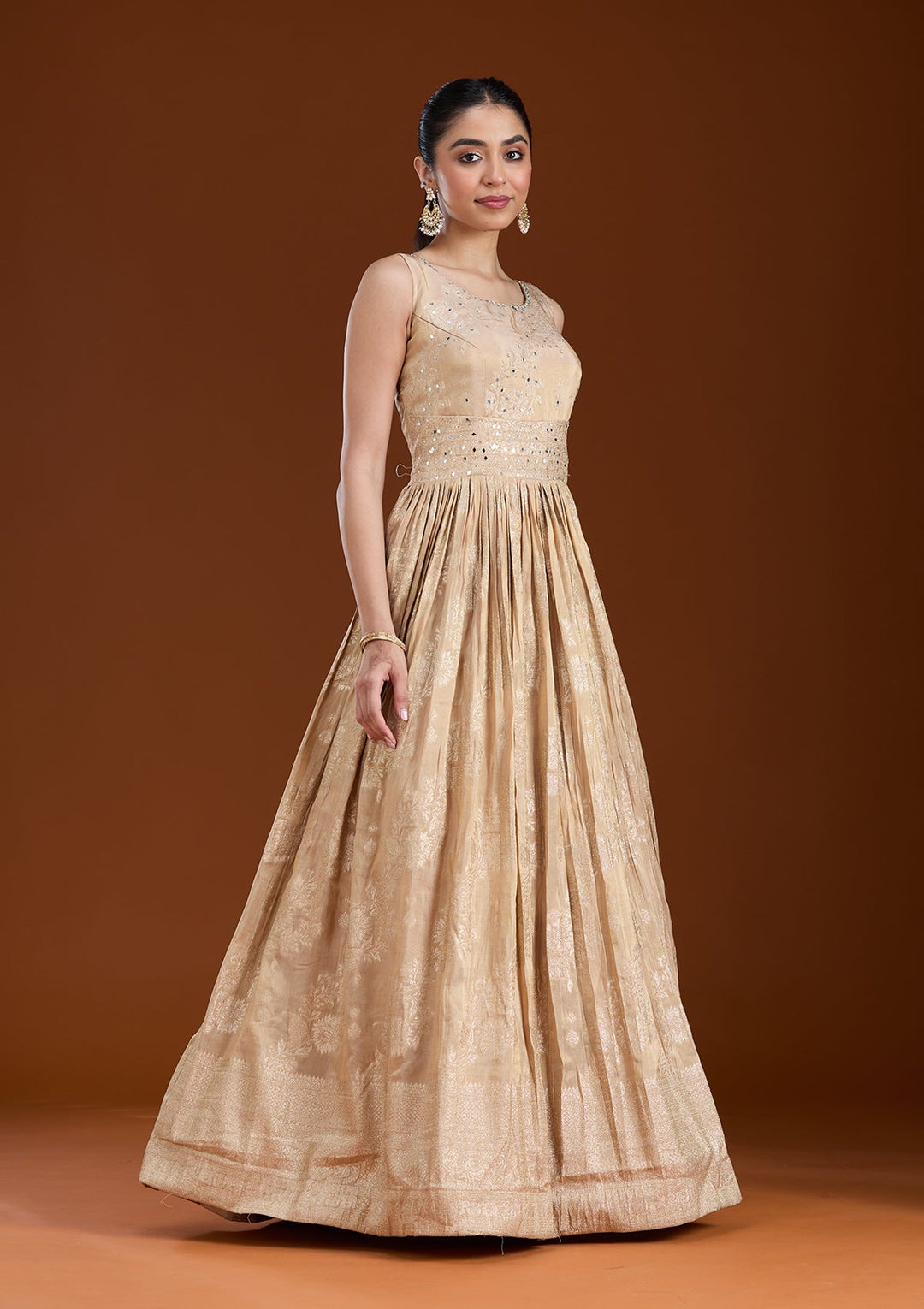 Beige Mirrorwork Tissue Readymade Salwar Suit-koskii