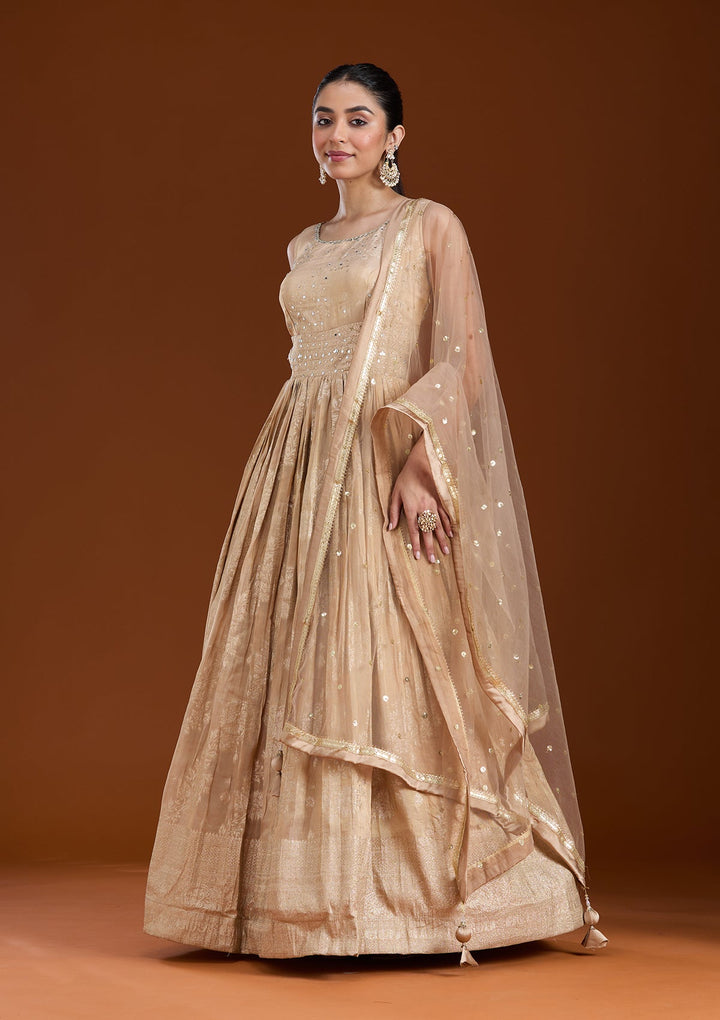 Beige Mirrorwork Tissue Readymade Salwar Suit