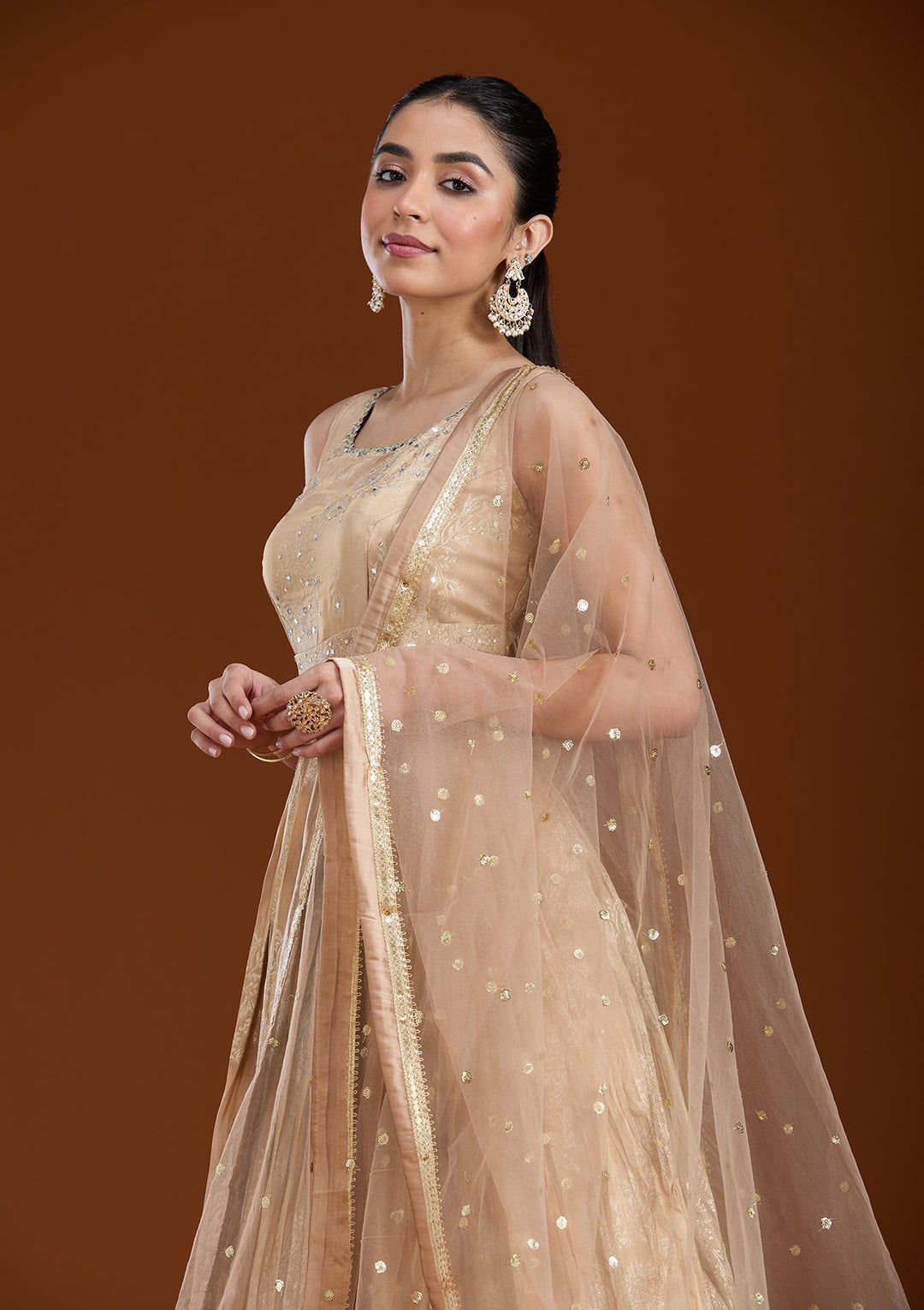 Beige Mirrorwork Tissue Readymade Salwar Suit-koskii