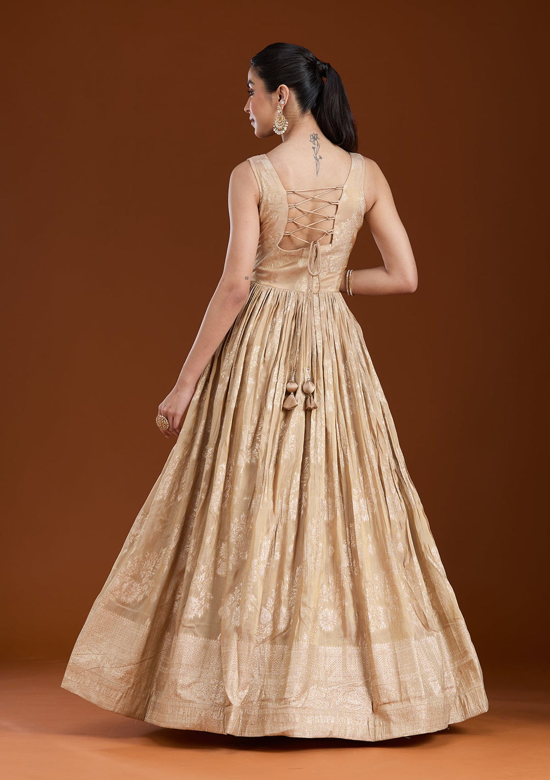 Beige Mirrorwork Tissue Readymade Salwar Suit-koskii