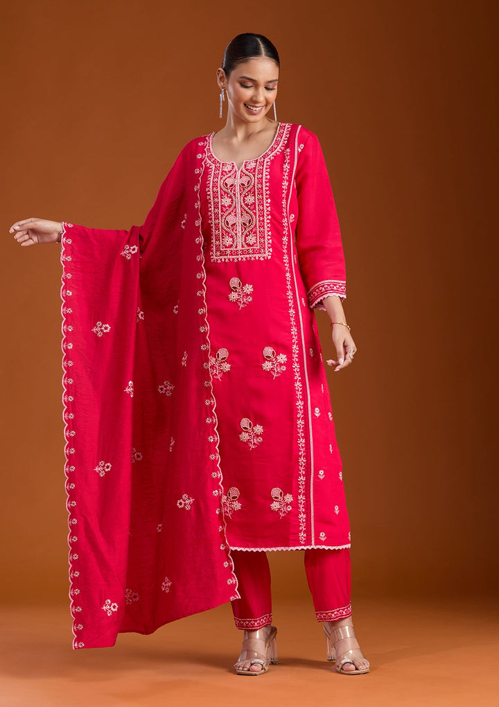 Rani Pink Cutdana Chanderi Readymade Salwar Suit-koskii
