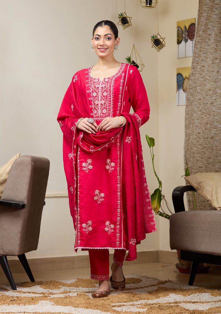 Rani Pink Cutdana Chanderi Readymade Salwar Suit