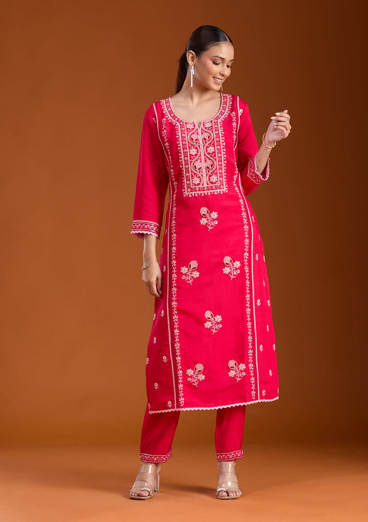 Rani Pink Cutdana Chanderi Readymade Salwar Suit-koskii