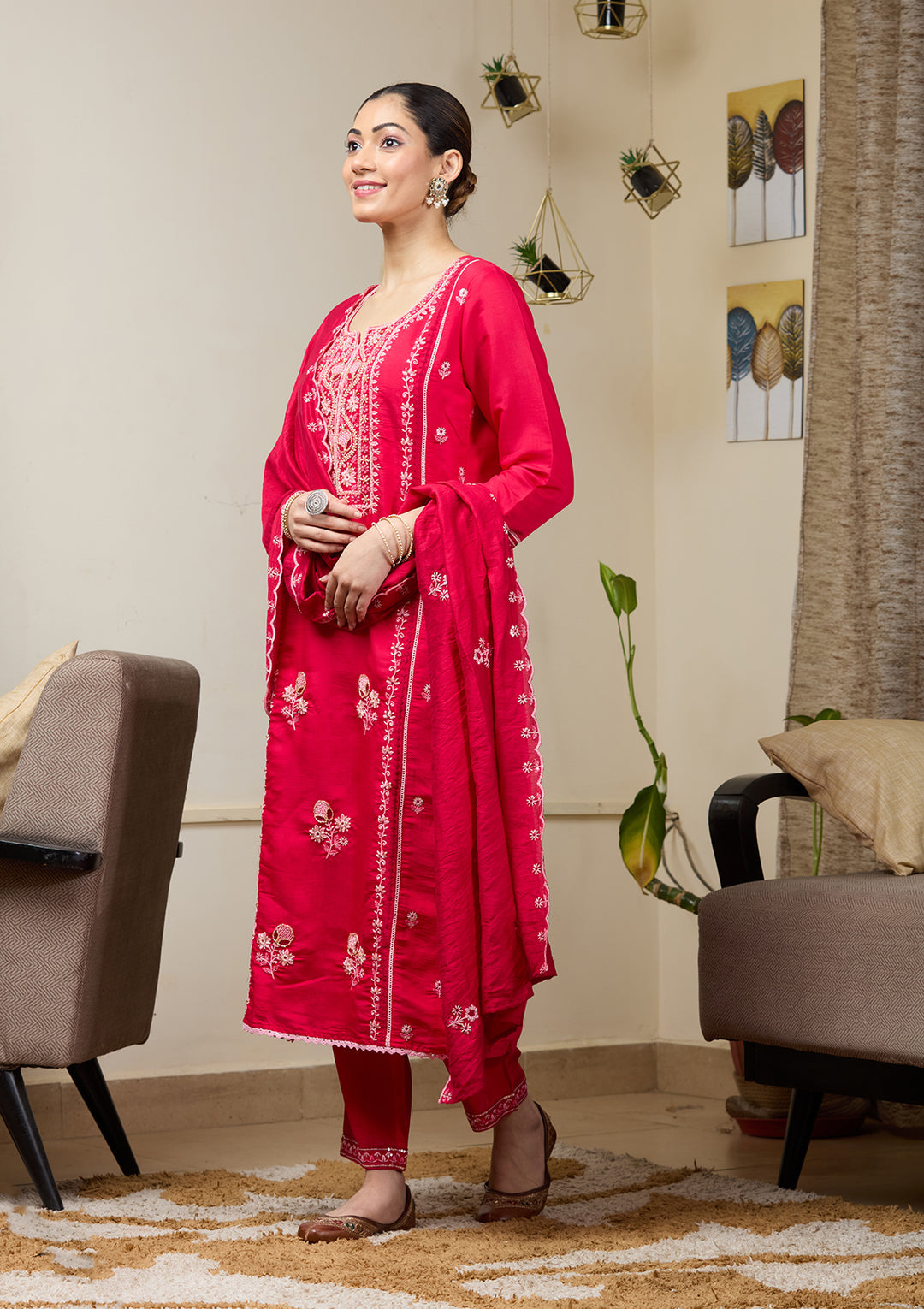 Rani Pink Cutdana Chanderi Readymade Salwar Suit