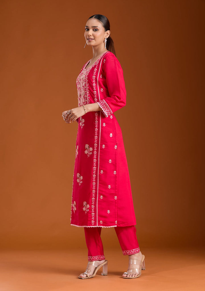 Rani Pink Cutdana Chanderi Readymade Salwar Suit-koskii