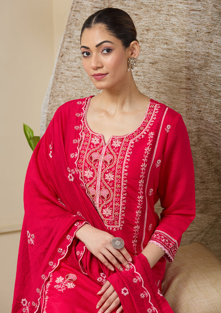 Rani Pink Cutdana Chanderi Readymade Salwar Suit