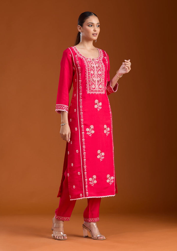 Rani Pink Cutdana Chanderi Readymade Salwar Suit-koskii