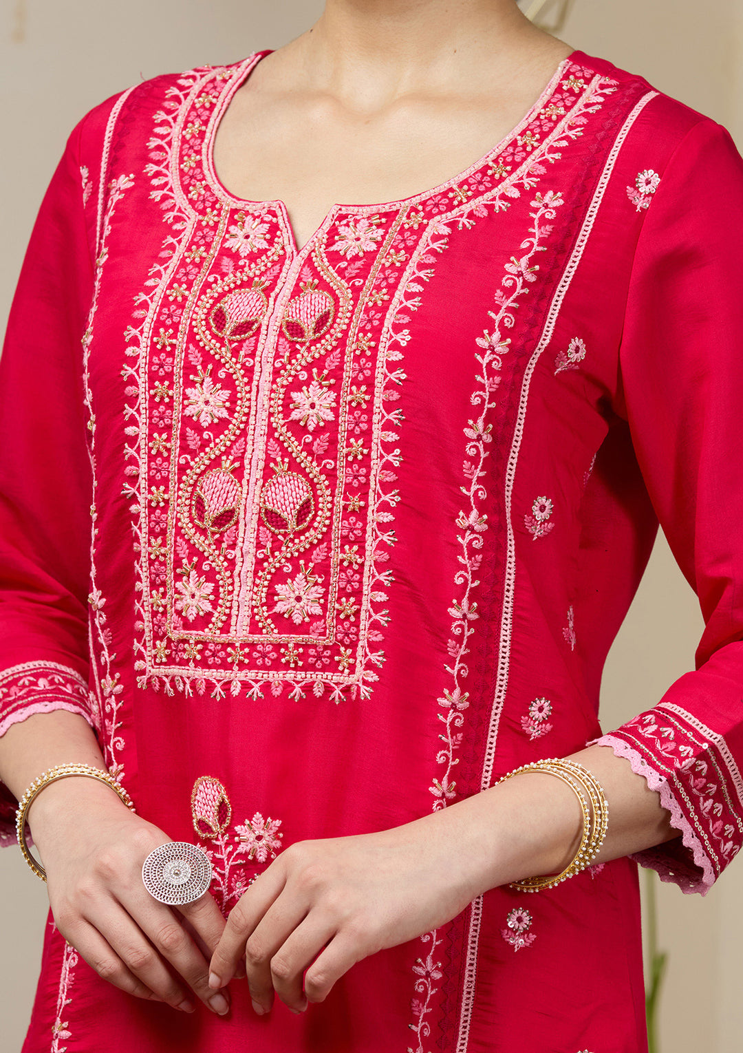 Rani Pink Cutdana Chanderi Readymade Salwar Suit
