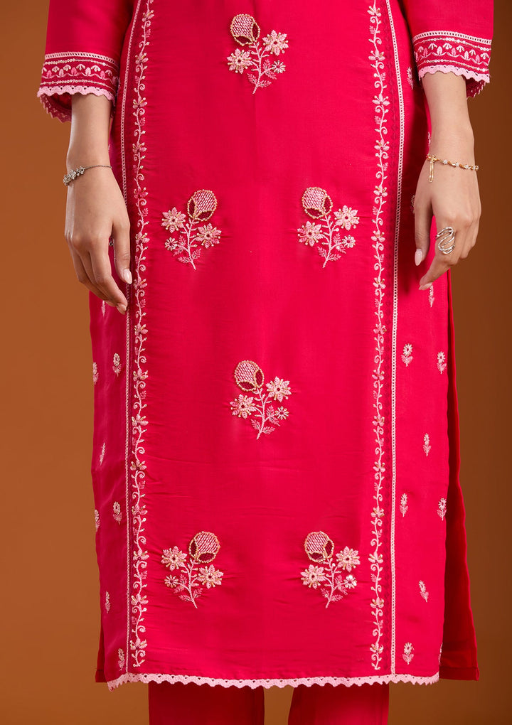 Rani Pink Cutdana Chanderi Readymade Salwar Suit-koskii