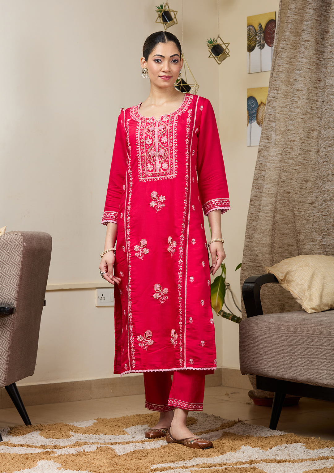 Rani Pink Cutdana Chanderi Readymade Salwar Suit
