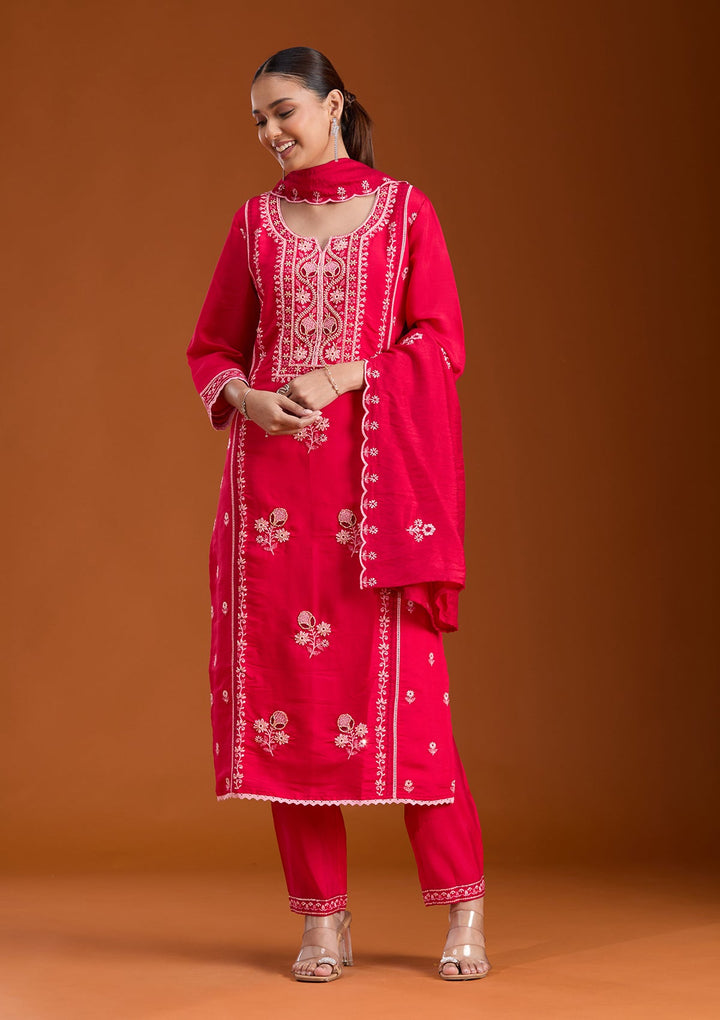Rani Pink Cutdana Chanderi Readymade Salwar Suit-koskii