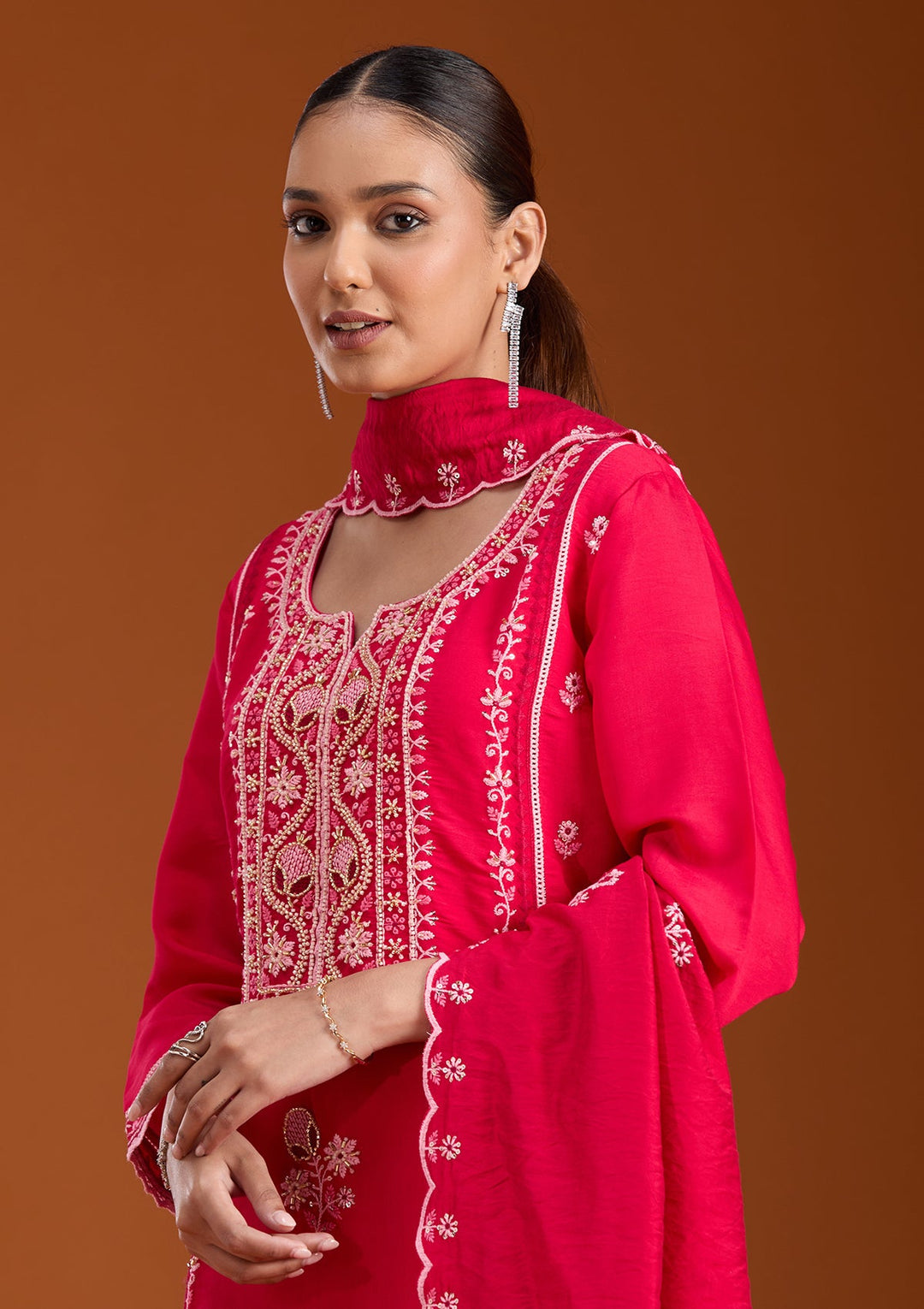 Rani Pink Cutdana Chanderi Readymade Salwar Suit-koskii