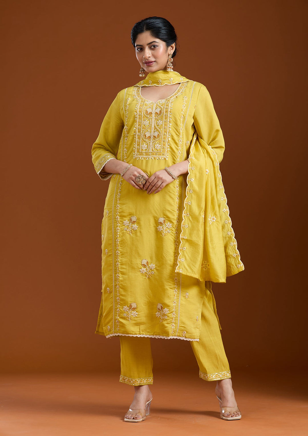 Yellow Cutdana Chanderi Readymade Salwar Suit-Koskii