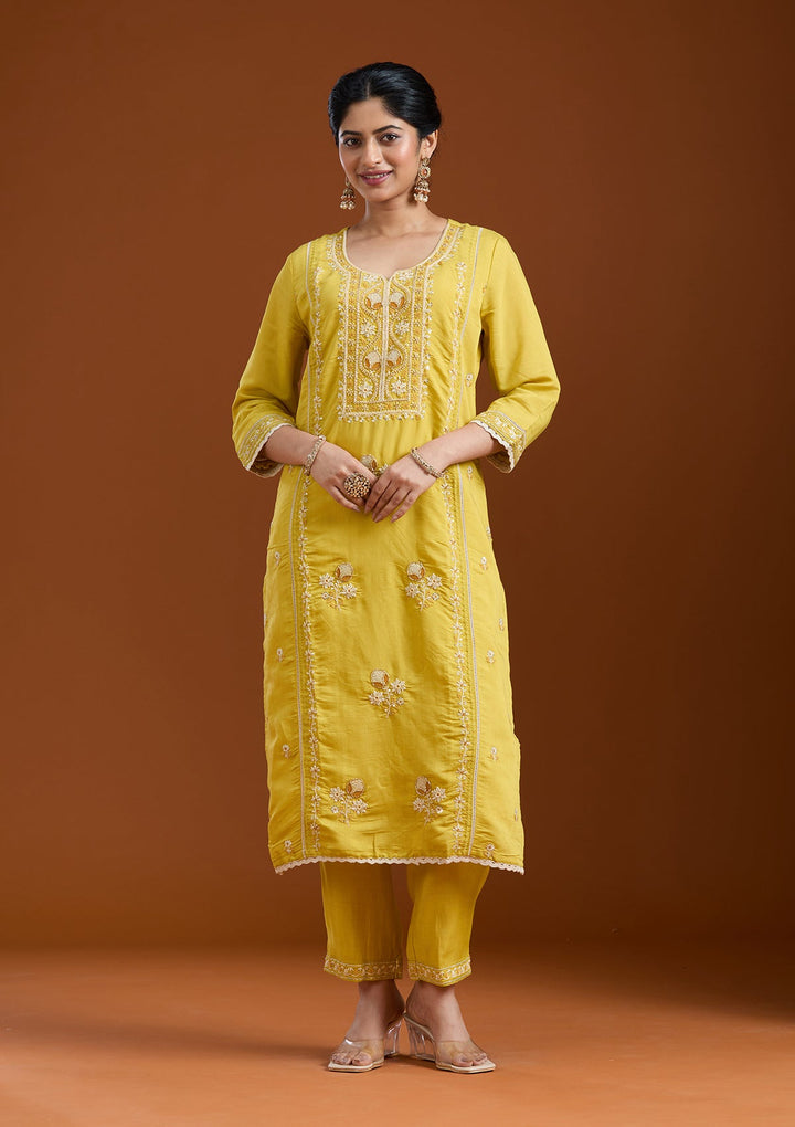 Yellow Cutdana Chanderi Readymade Salwar Suit-Koskii