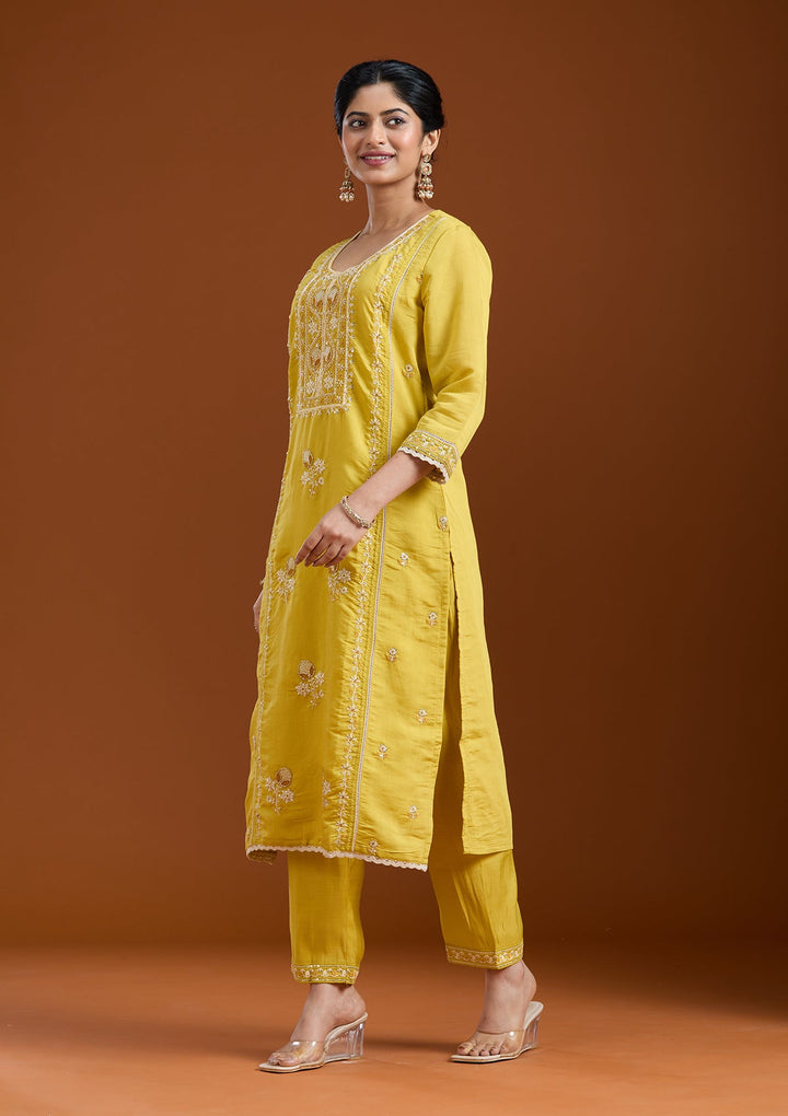 Yellow Cutdana Chanderi Readymade Salwar Suit-Koskii