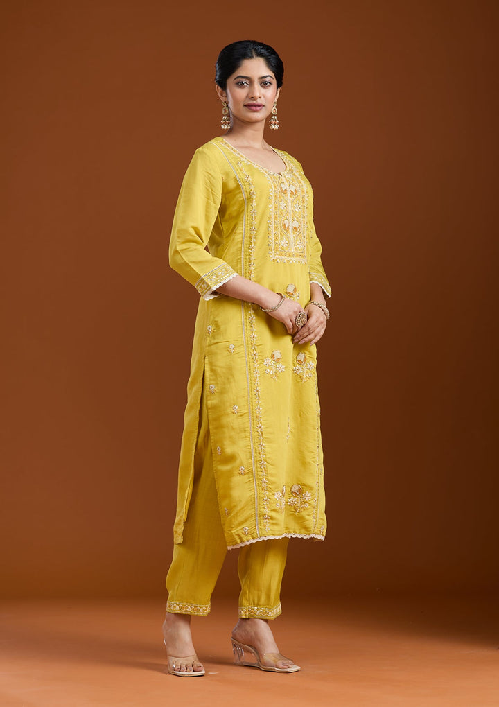 Yellow Cutdana Chanderi Readymade Salwar Suit-Koskii