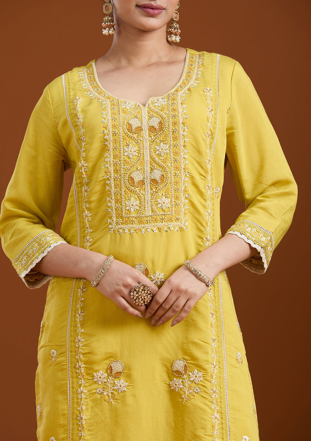 Yellow Cutdana Chanderi Readymade Salwar Suit-Koskii