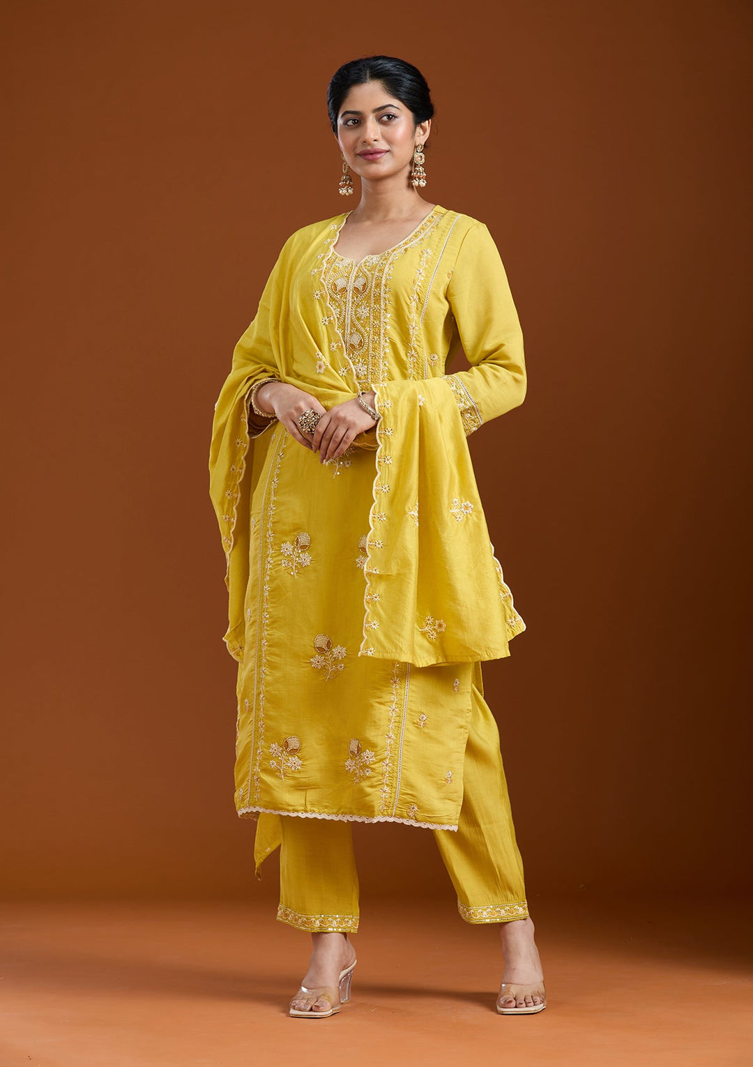 Yellow Cutdana Chanderi Readymade Salwar Suit-Koskii