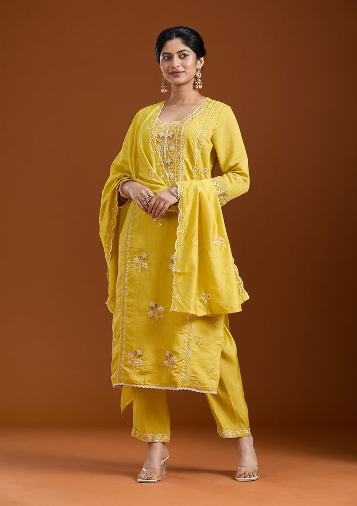 Yellow Cutdana Chanderi Readymade Salwar Suit-Koskii