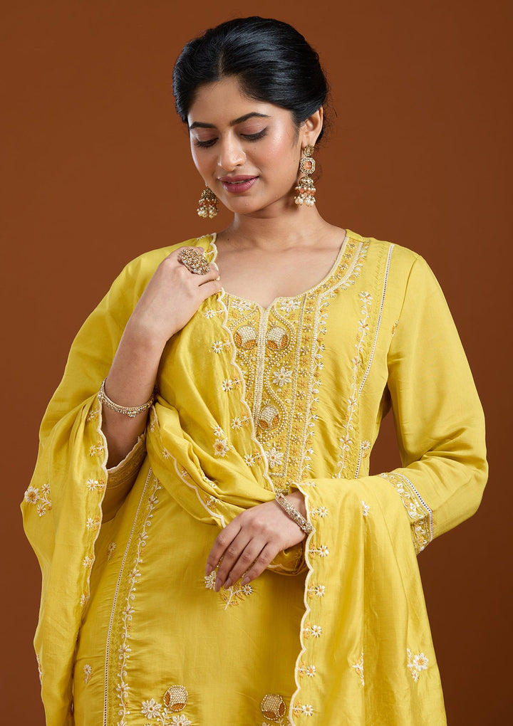 Yellow Cutdana Chanderi Readymade Salwar Suit-Koskii