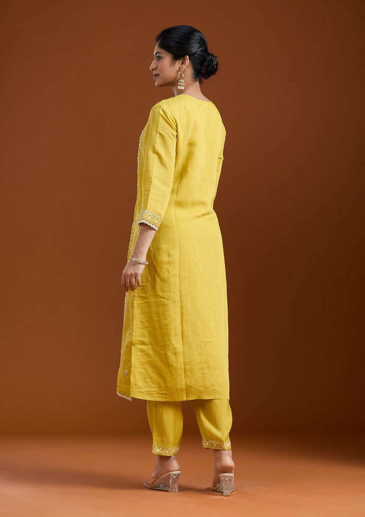 Yellow Cutdana Chanderi Readymade Salwar Suit-Koskii